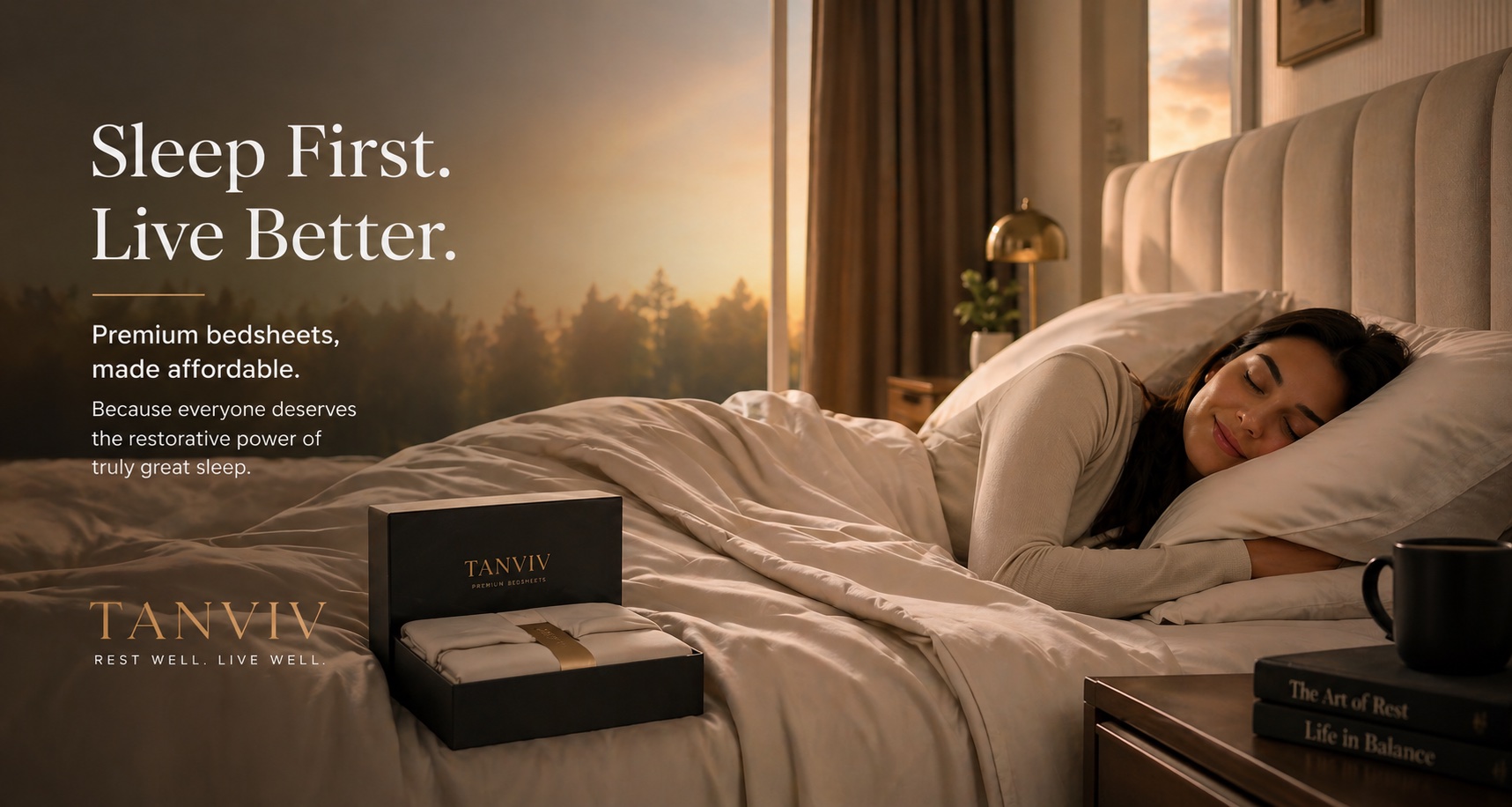 Woman sleeping peacefully on Tanviv premium bedsheets